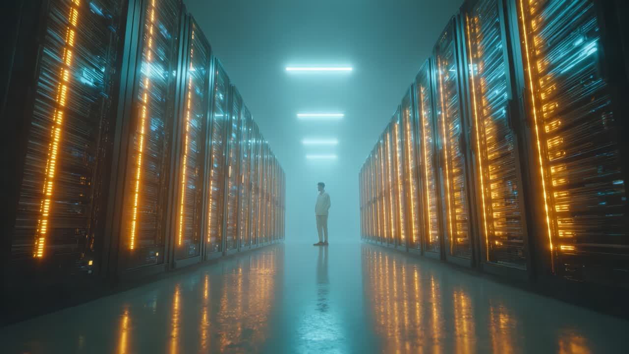 Exploring the Depths of a Futuristic Data Center: A Solitary Figure Surrounded by Gleaming Server Racks and Mystical Lighting in a High-Tech Environment
