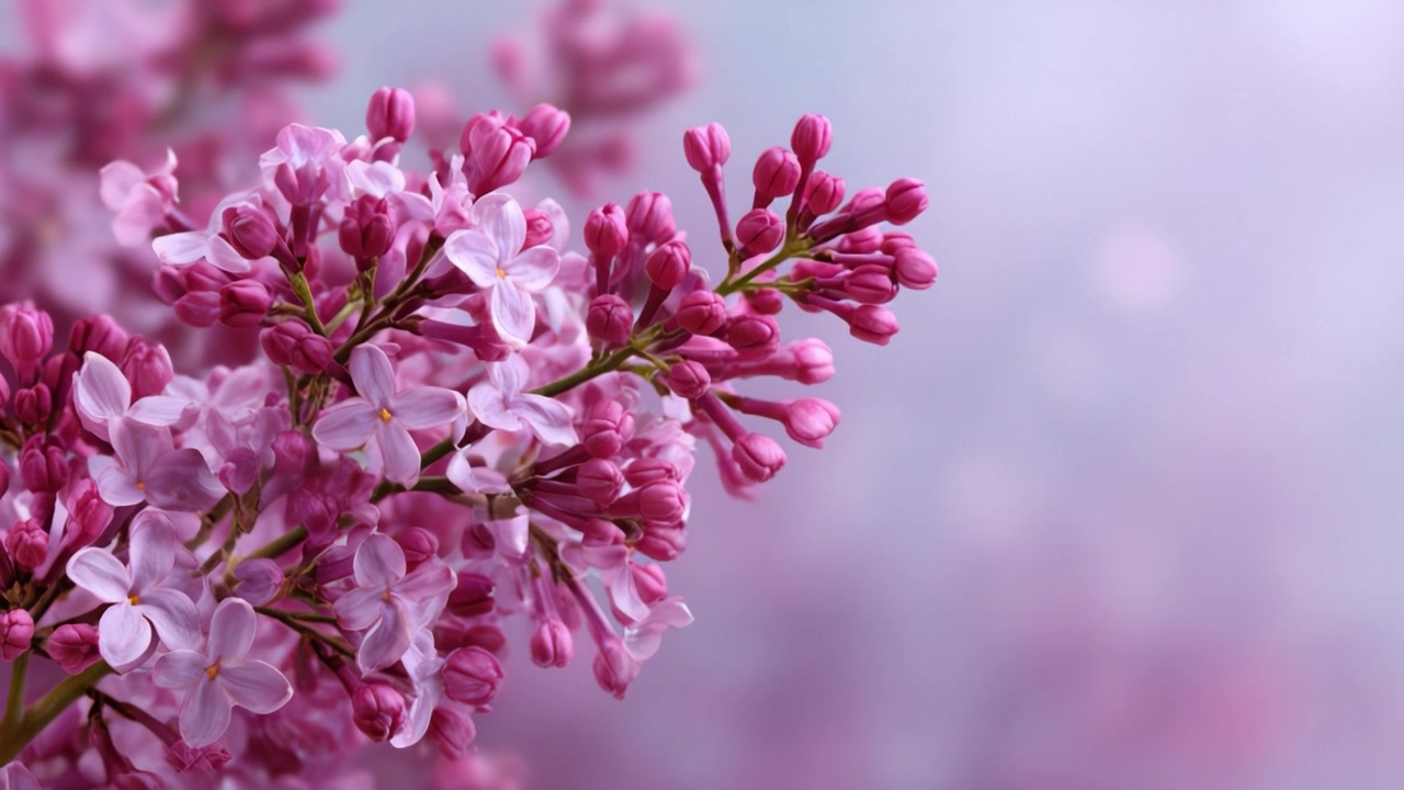 Bunga Lilac Merah Muda yang Lembut Mekar Indah dengan Latar Belakang Lembut dan Seperti Mimpi, Menampilkan Kelopak Rumit dan Nuansa Cerahnya dalam Susunan Bunga yang Tenang