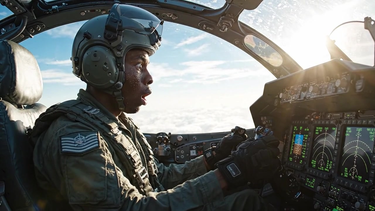 A skilled pilot in the cockpit, focused on flying above the clouds, demonstrating precision and expertise while navigating through bright sunshine and clear skies.