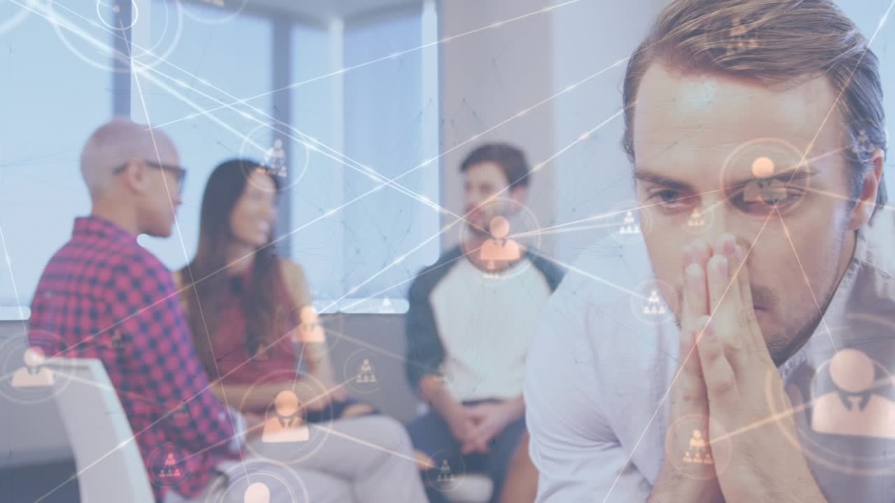 Animated global communication network connects business people via headsets