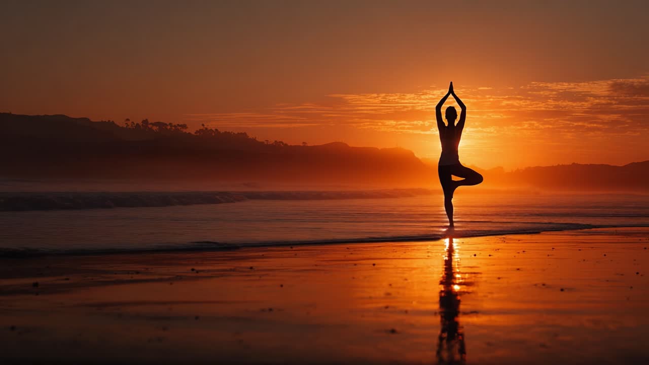 A Serene Sunset Yoga Practice By The Ocean: Capturing the Tranquil Moment of a Silhouetted Figure in a Yoga Pose Against the Vibrant Dusk Sky