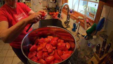 ältere-Frau,-Die-In-Der-Küche-Steht,-Während-Sie-Im-Garten-Angebaute-Tomaten-Zum-Einmachen-Vorbereitet