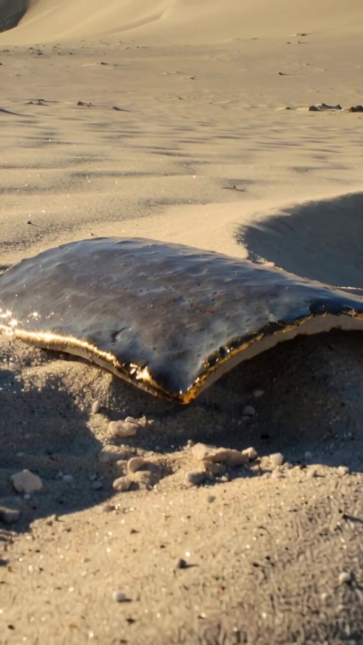Vertical video: Pulling back shot revealing translucent jelly stranded on sand by shadow hollow