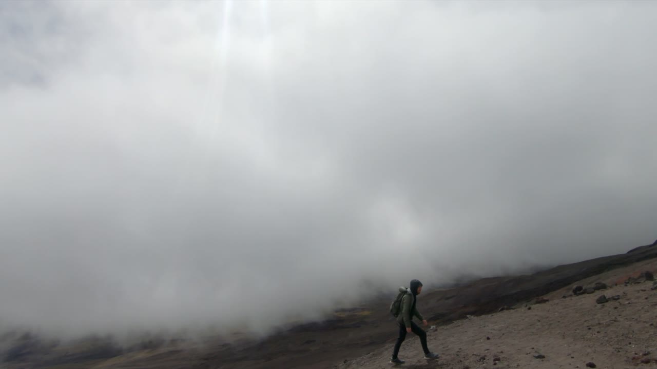 Cotopaxi national park Ecuador high altitude alpine landscape fog covered valley