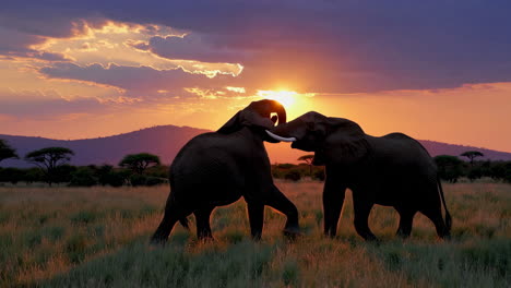 two elephants silhouetted against a vibrant sunset in the african savanna