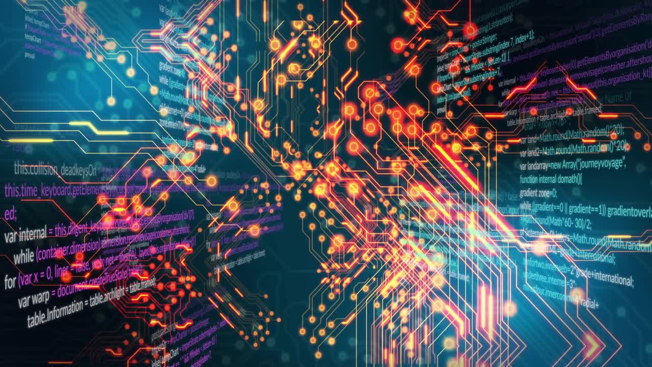 Vertical video: Center sparks forming circuit X-shape nodes pulsing code scrolling showing IT data