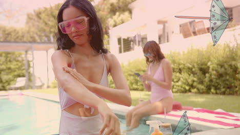 applying sunscreen by pool, woman with sunglasses, umbrella animation in corners