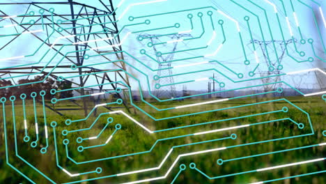 animation of integrated circuit over electricity poles and landscape