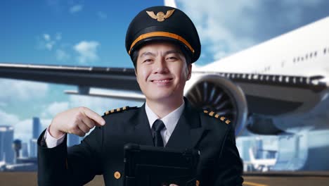 close up of asian man pilot smiling and pointing to tablet in his hand while standing in airfield with airplane on background