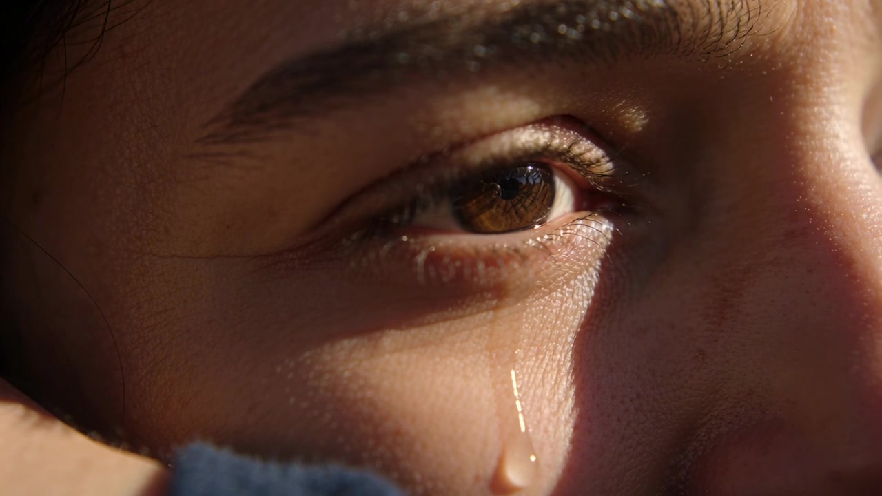 Highlighting tear bead, person gazing with right eye in sunlight blue sleeve visible, tear sliding