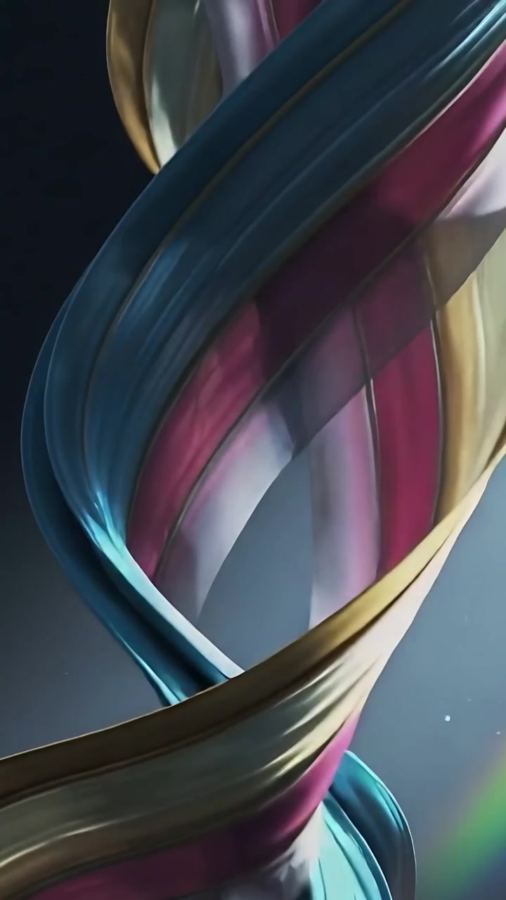 Video verticale: Nastri rotanti rosa, verde acqua, oro e grigi che spiraleggiano all'inizio in un vuoto scuro, mostrando lucentezza.
