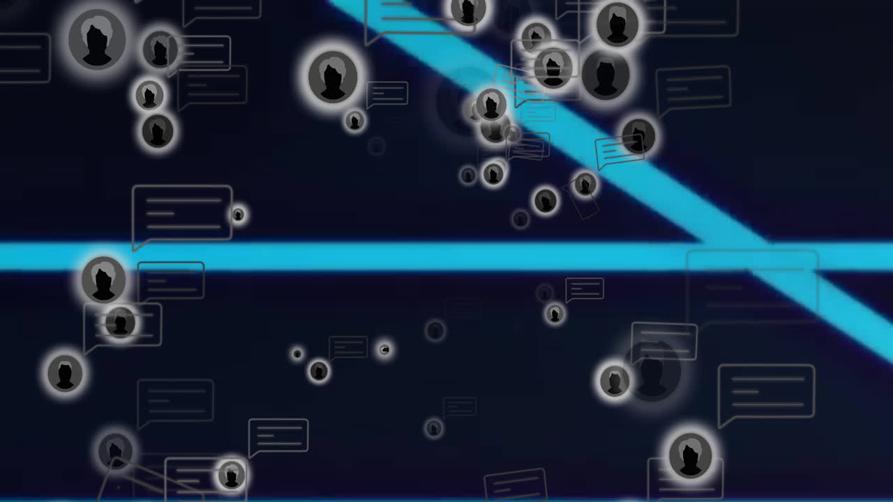 Animation of chat bubbles and silhouettes on blue lines for digital communication
