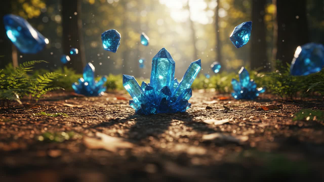 Mesmerizing Scene of Floating Blue Crystals in a Sunlit Forest, Capturing the Beauty of Nature and the Magic of Fantasy in a Stunning Visual Display
