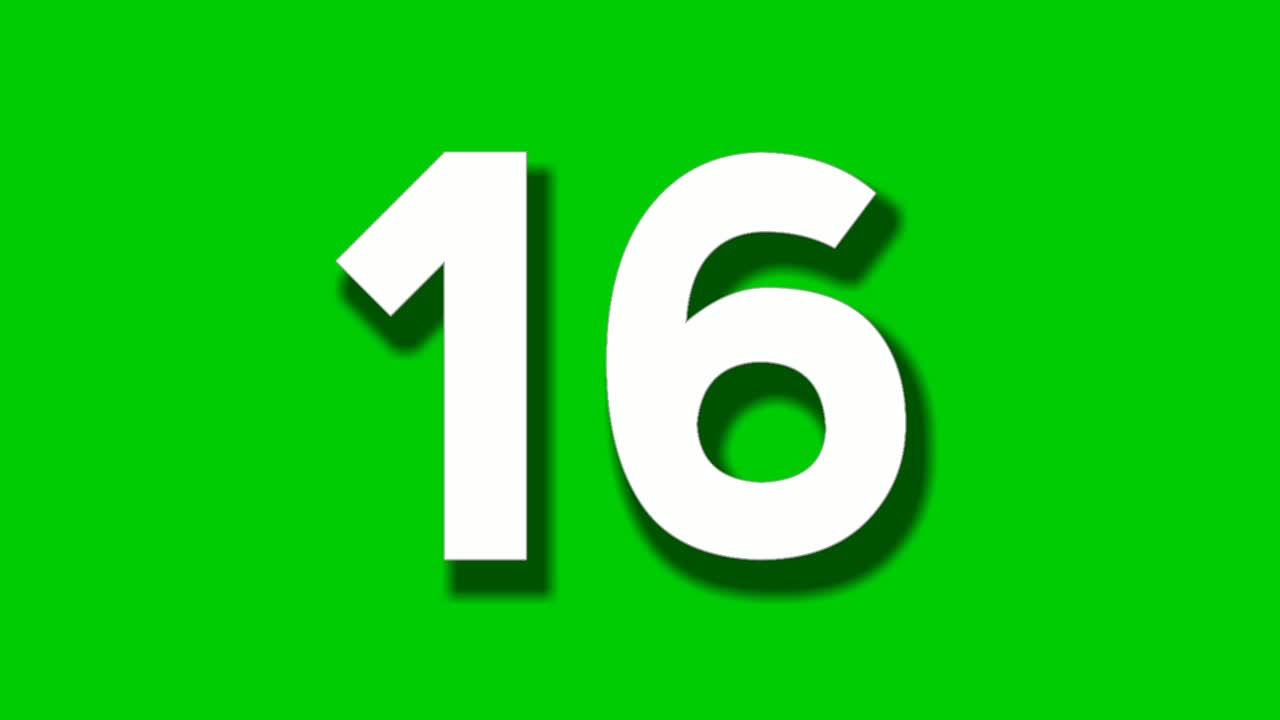 número dieciséis animación de dibujos animados en fondo de pantalla verde, número de video de dibujos animados 4k gráficos en movimiento para elementos de video