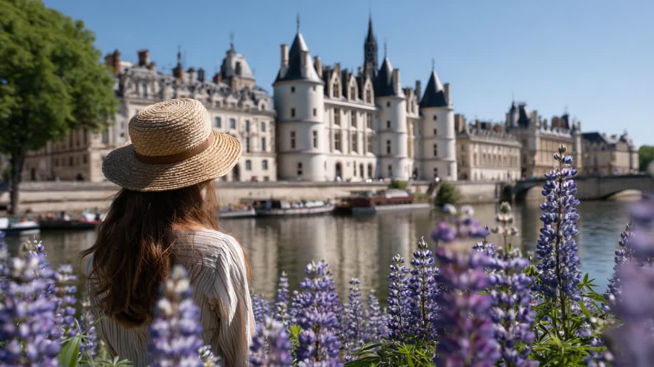 A Beautiful Day by the Water: A Woman in a Straw Hat Enjoys the Scenic View of Historic Architecture Surrounded by Blooming Flowers Under a Clear Blue Sky