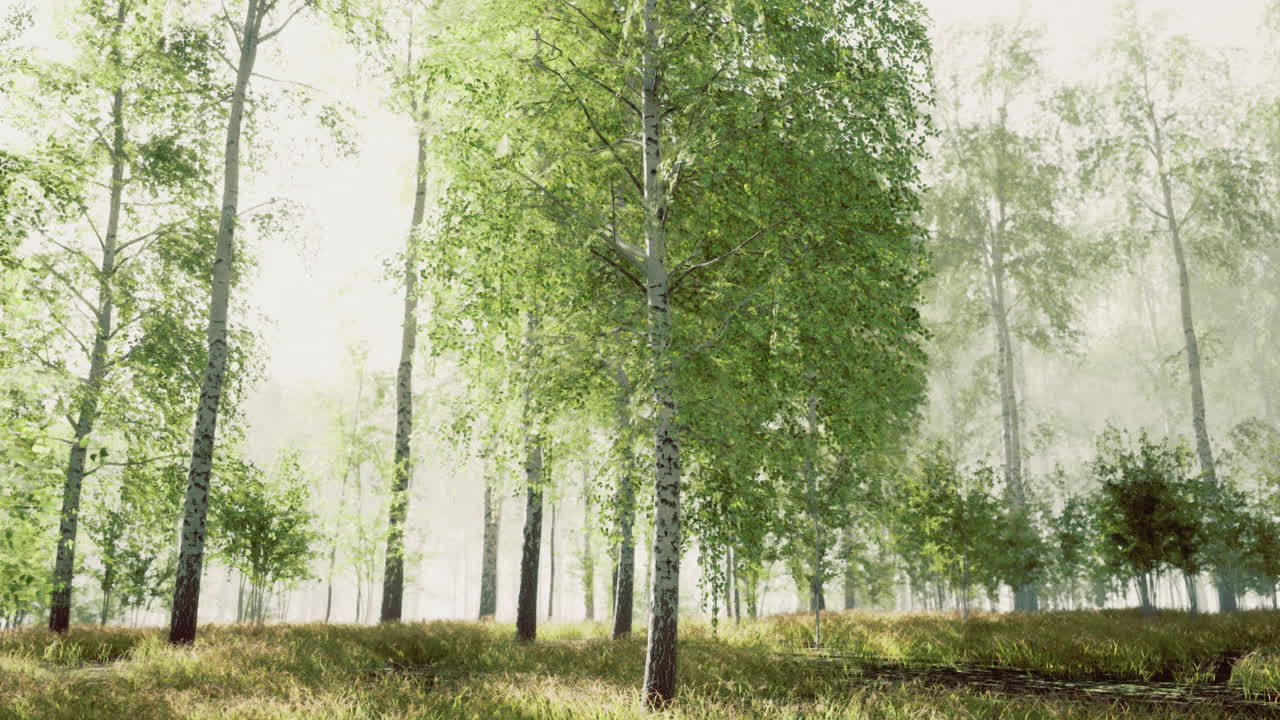 Lush green forest with tall trees and soft sunlight filtering through