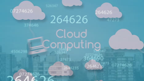 animation of cloud computing text, with cloud and media icons and data processing, on blue