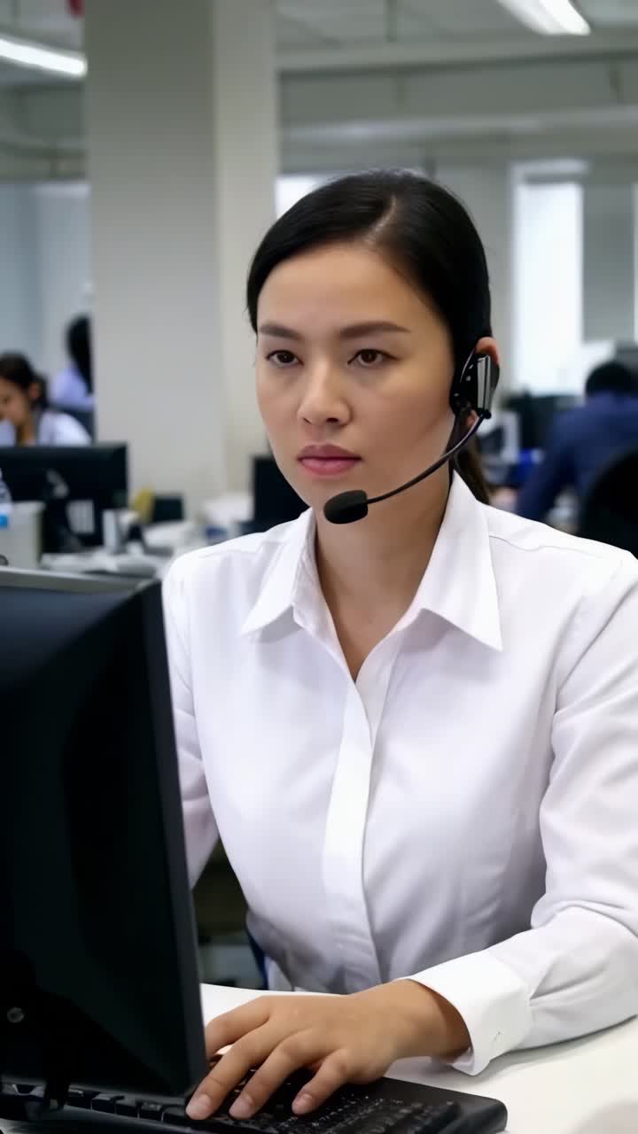 una mujer con auriculares está sentada en una computadora