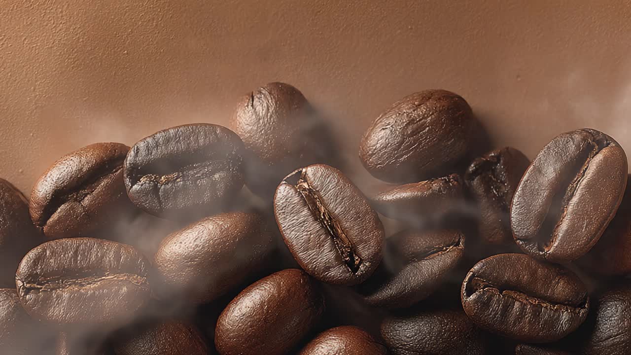 Uno sguardo ravvicinato a chicchi di caffè appena tostati con vapore aromatico, che mostra i colori ricchi e le texture uniche di ogni chicco in un ambiente caldo
