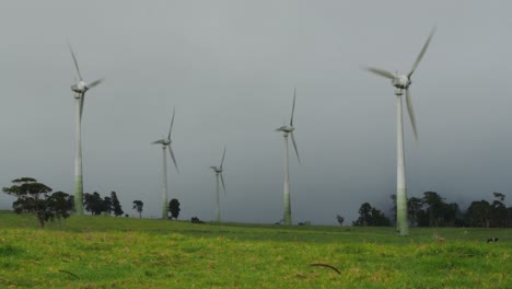 wind turbine at green grassland in a bad overcast moody weather, wide static shot