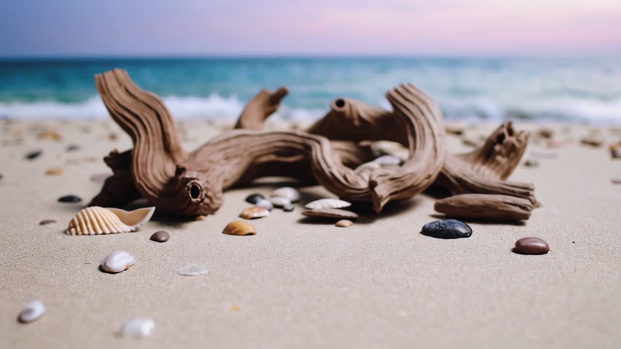 Close-up Views of Driftwood and Stones on a Beach