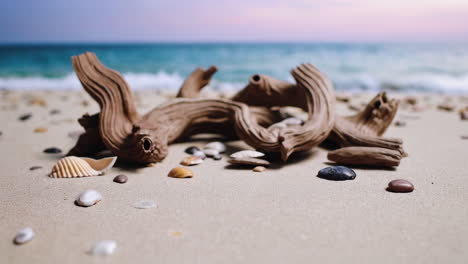 close-up views of driftwood and stones on a beach