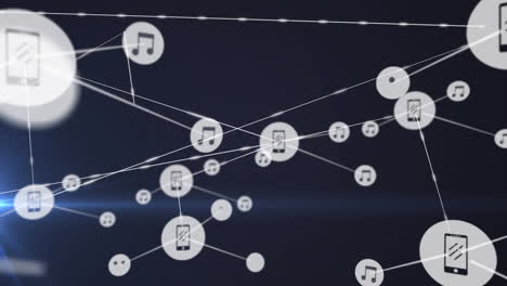 animation of network of digital icons over light spot against blue background