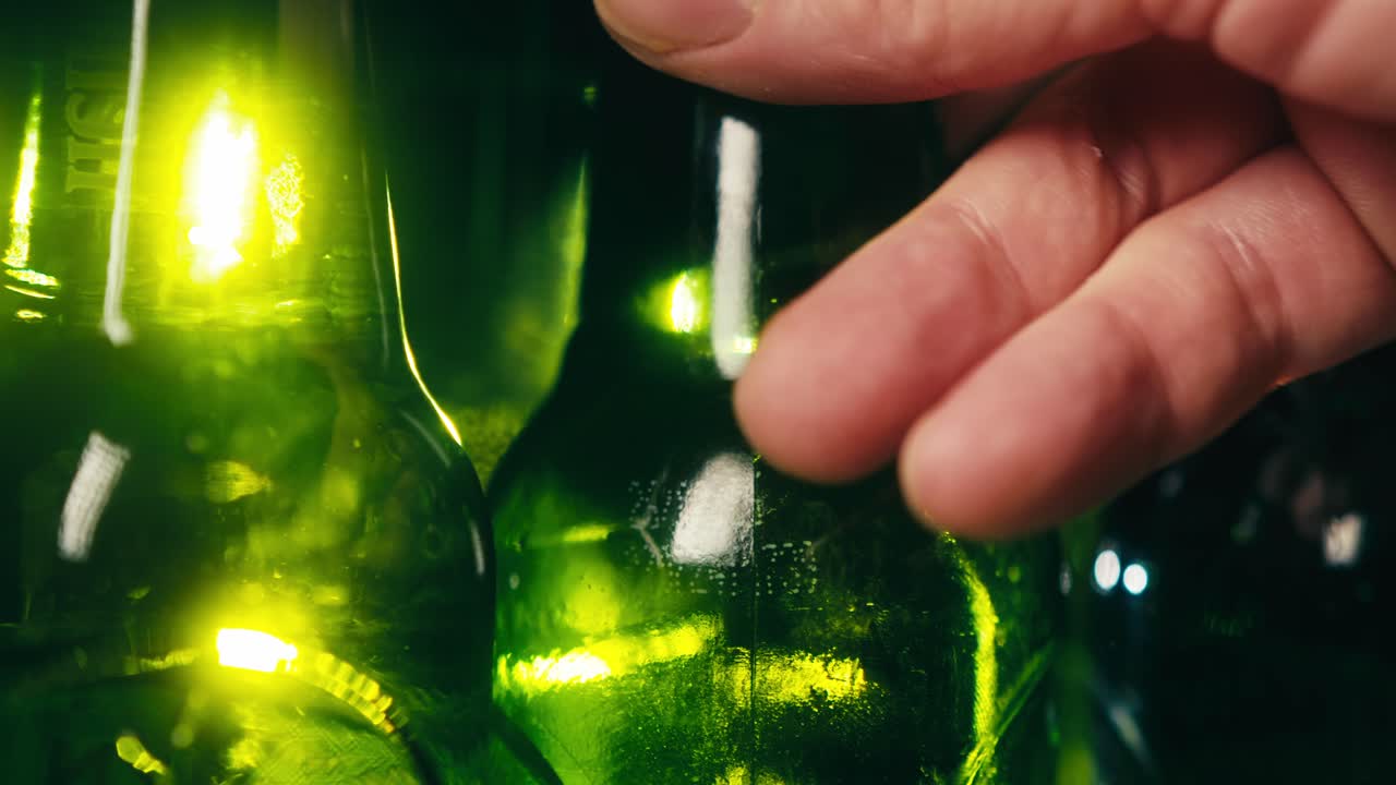 Fila di bottiglie di birra in frigorifero, negozio o hotel; birra lager artigianale tedesca fredda o sidro, primo piano