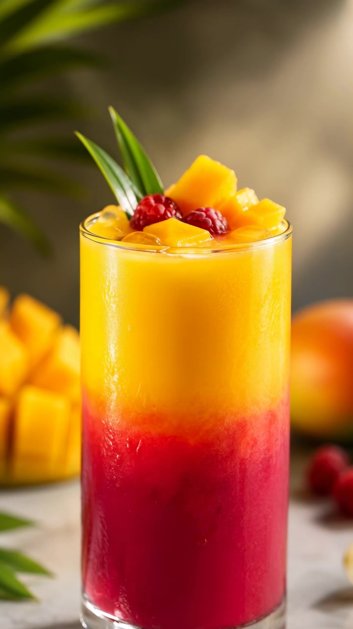 Un lento avvicinamento si concentra su una bevanda alla frutta bicolore fredda guarnita con pezzi di mango, lamponi, cubetti di ghiaccio e foglie verdi, mentre una luce calda rivela condensa e frutta colorata sullo sfondo
