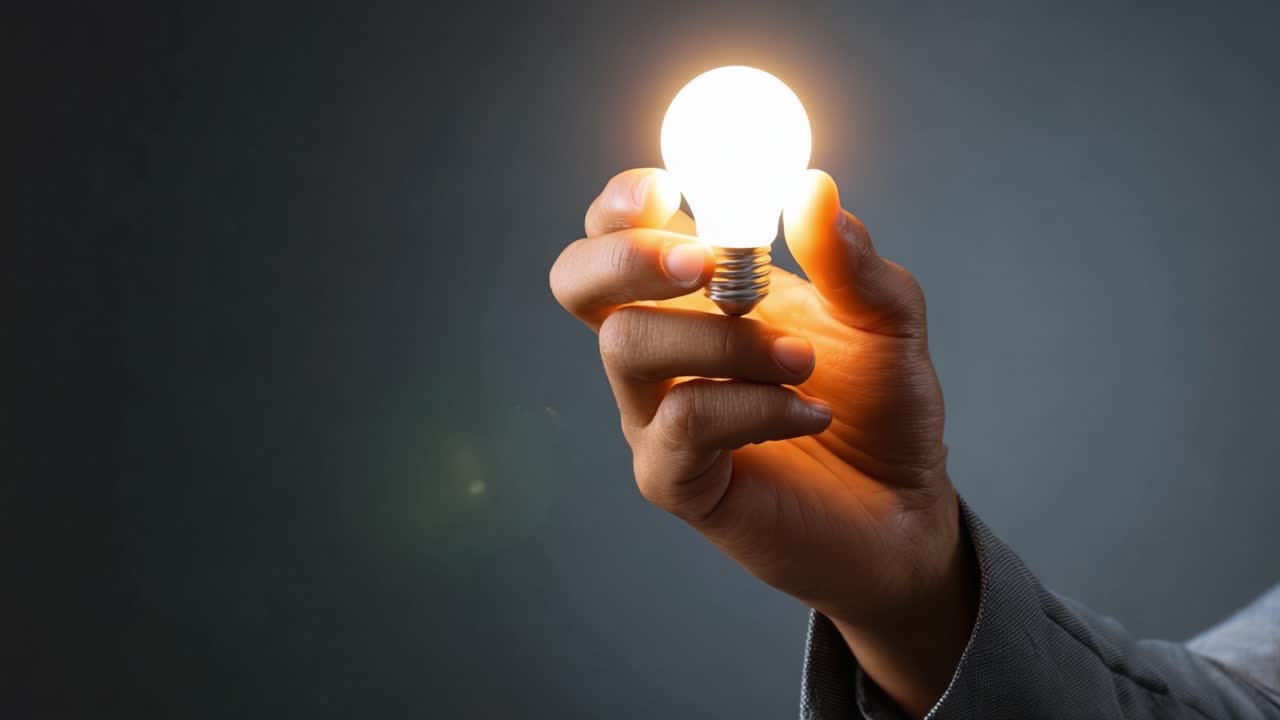 A Close-Up of a Hand Holding a Glowing Light Bulb, Symbolizing Ideas, Innovation, and Bright Concepts in a Dark Background