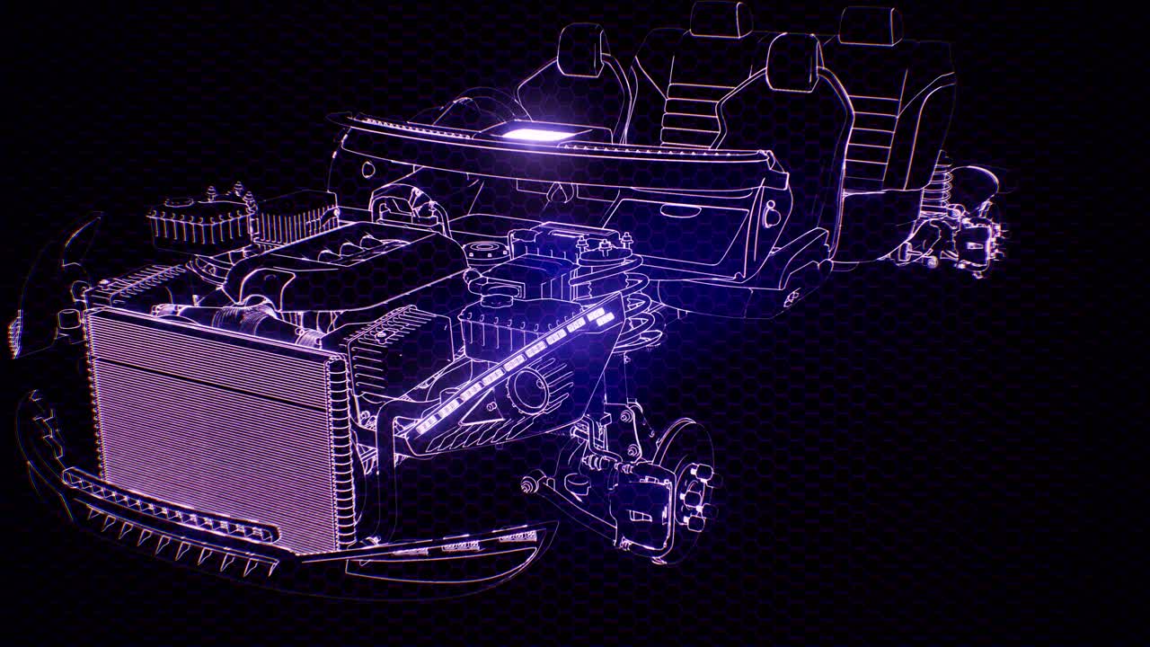 엔진이 있는 3d 와이어프레임 자동차 모델의 홀로그래픽 애니메이션