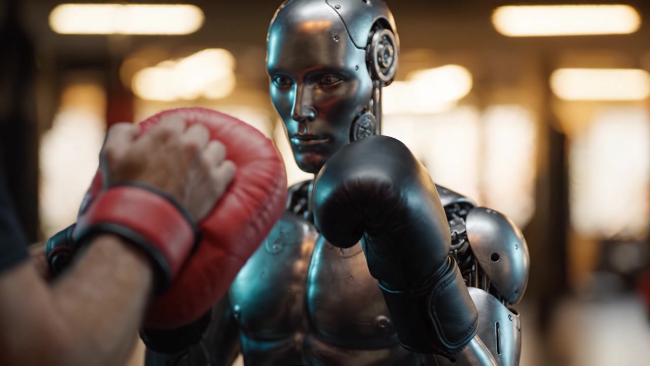 En futuristisk boksetreningsøkt med en humanoid robot og en bokser med røde hansker i et moderne treningsstudio, som fremhever teknologi og sport i perfekt harmoni