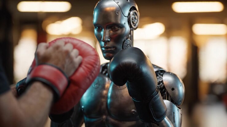 Una sessione di allenamento di boxe futuristica con un robot umanoide e un pugile che indossa guantoni rossi in una palestra moderna, enfatizzando tecnologia e sport in perfetta armonia.