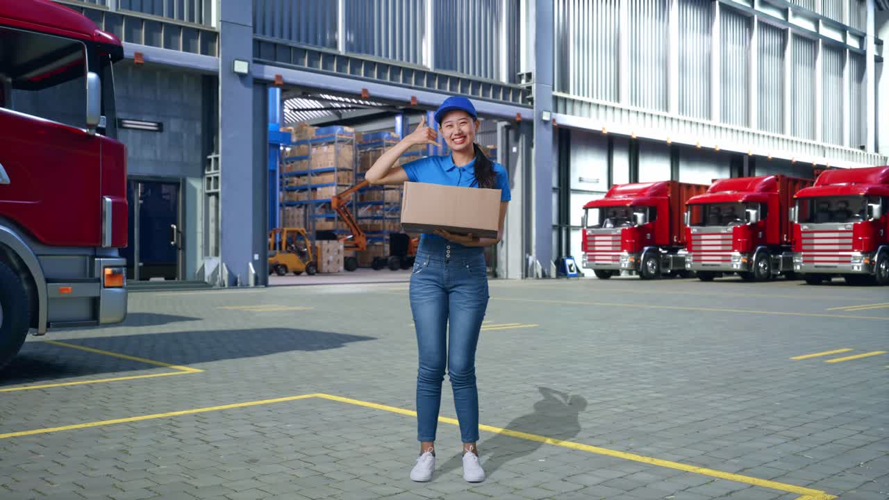 Corriere asiatica in uniforme blu a figura intera che sorride mentre consegna un cartone e fa il gesto "chiamami" fuori dal magazzino