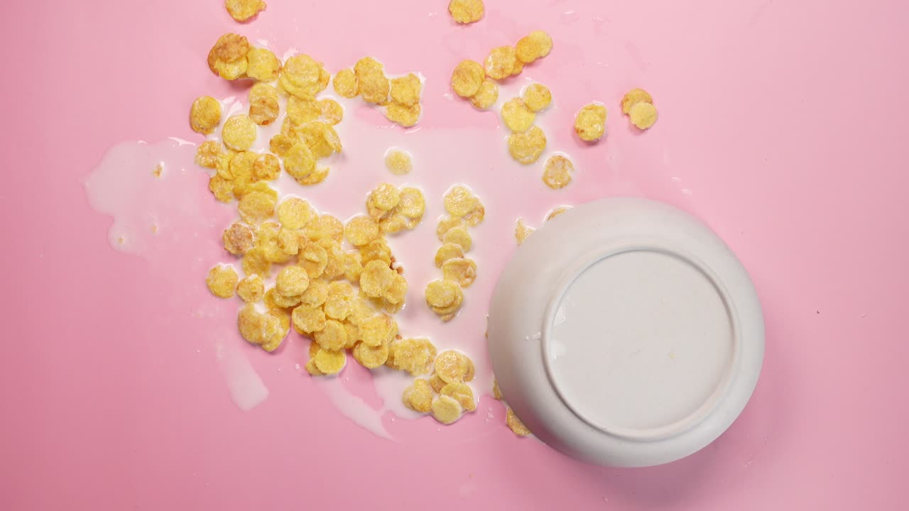 Cereali versati con latte su uno sfondo rosa