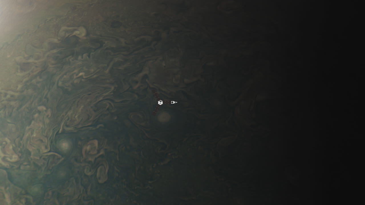 Juno Spacecraft Orbiting Planet Jupiter to Gather Data on Evolution and Origin of Gas Giant with Swirling Gases and Clouds Below on Alien World. Highly Detailed 3D Animation ProRes 4K