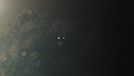 juno spacecraft orbiting planet jupiter to gather data on evolution and origin of gas giant with swirling gases and clouds below on alien world. highly detailed 3d animation prores 4k