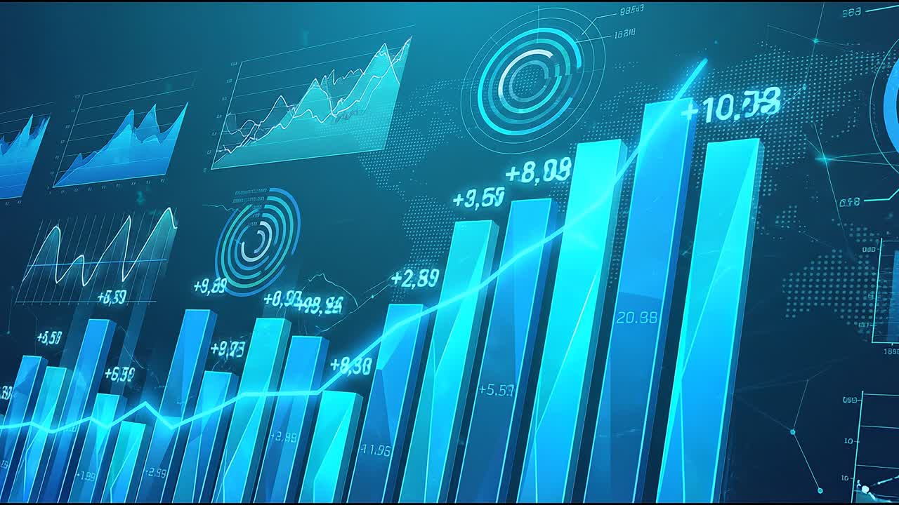 Blå finansiell datavisualisering som viser stigende forretningsanalytiske diagrammer og økonomisk vekststatistikk