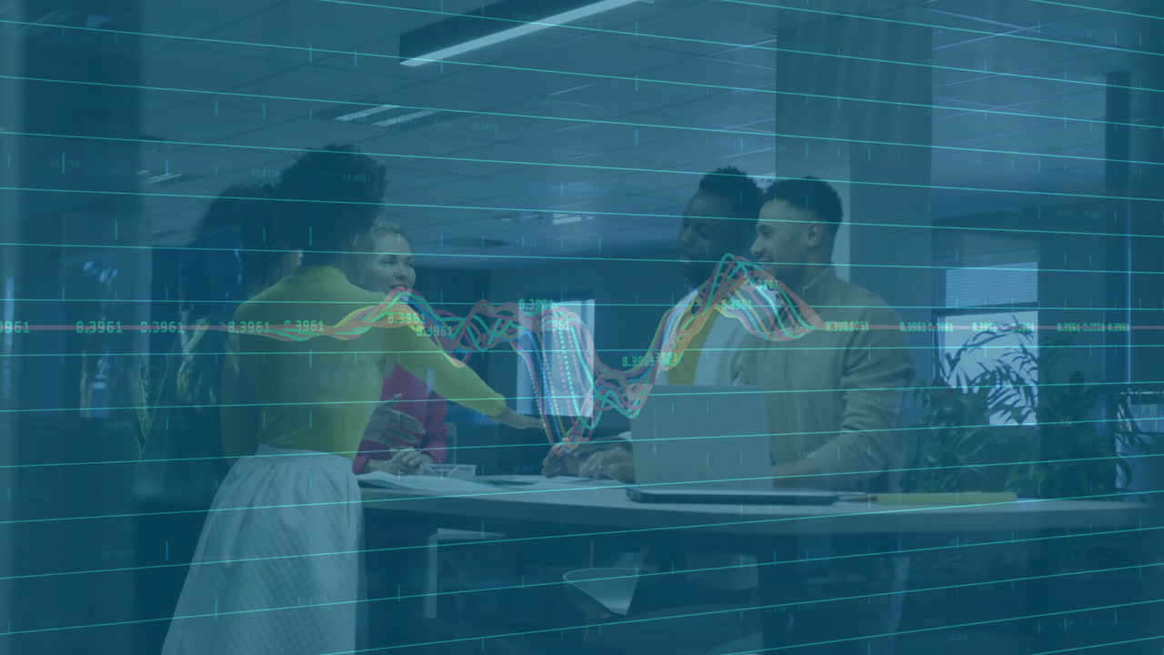 Financial data processing animation over diverse business people in office meeting