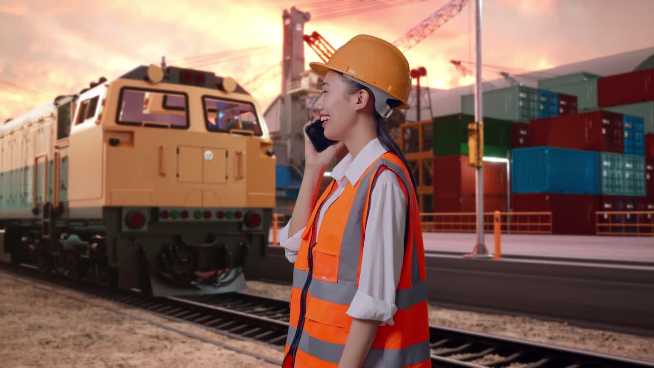 Side View Of Asian Female Engineer With Safety Helmet Talking On Smartphone With Freight Cargo Train At Port
