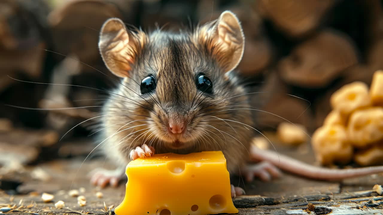 Cute mouse enjoys a piece of cheese. A small mouse nibbles on a yellow cheese block while sitting on a wooden surface surrounded by snacks