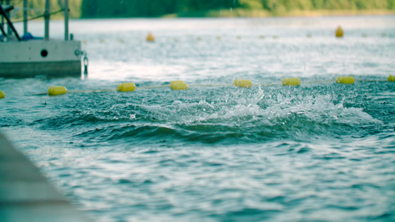 호수 뚜껑에 있는 노란색 부표 사슬이 부두에서 물로 뛰어든다