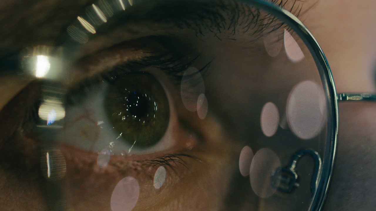 Man eye opens and looks at the flashing lights of the Christmas tree