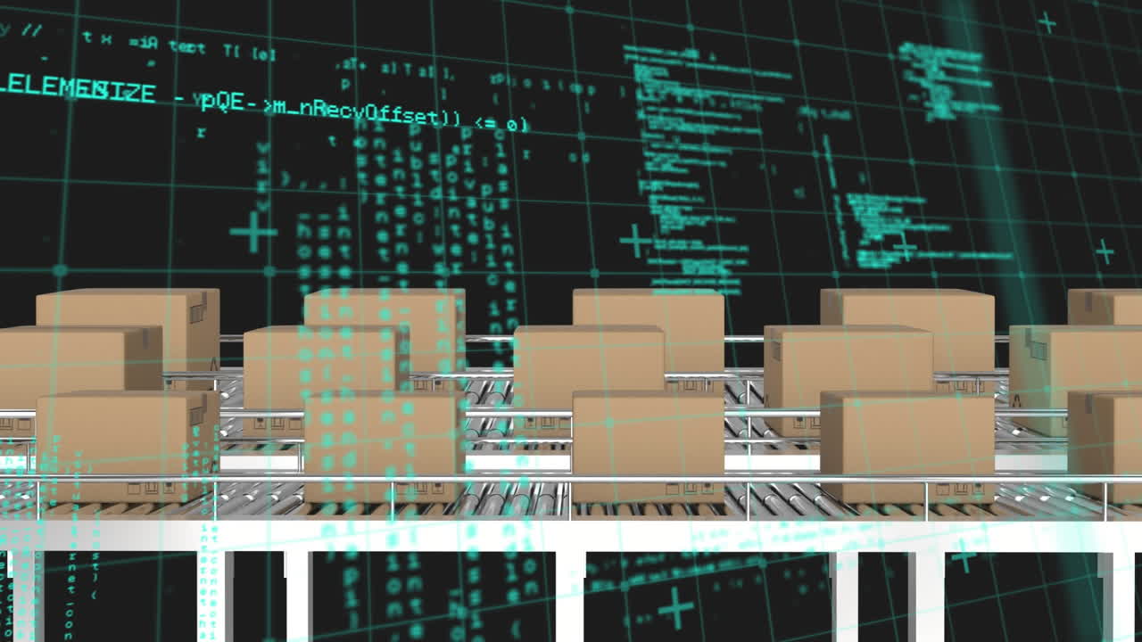 검은 바탕에 카드보드 상자 위에 그리드 패턴과 컴퓨터 언어의 애니메이션