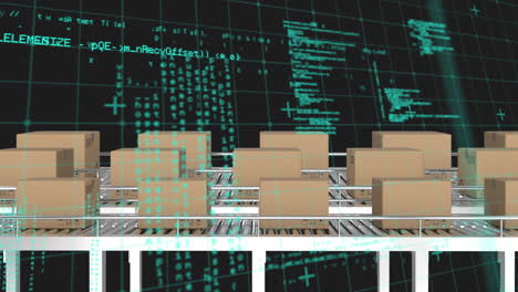 animación del patrón de cuadrícula y el lenguaje informático sobre cajas de cartón contra un fondo negro