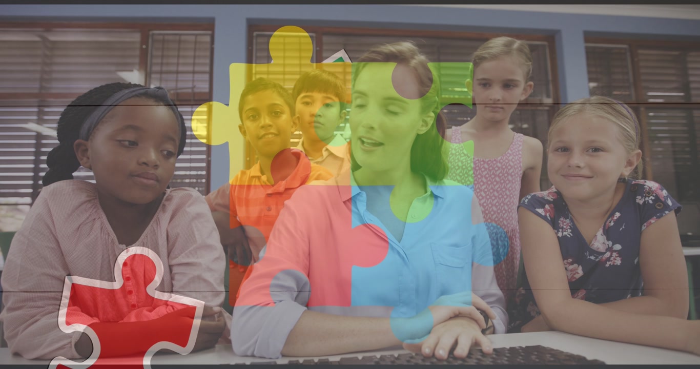 Animazione di puzzle su scolari di diverse etnie.