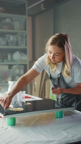 woman artist working on resin art