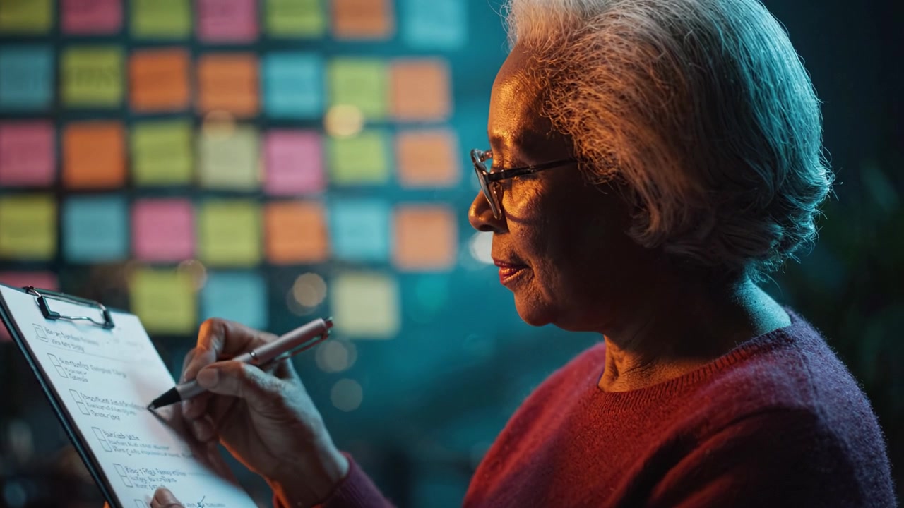 An Older Woman Engaged in Reflection While Writing Notes on a Clip Board Surrounded by Colorful Sticky Notes in a Dimly Lit Room