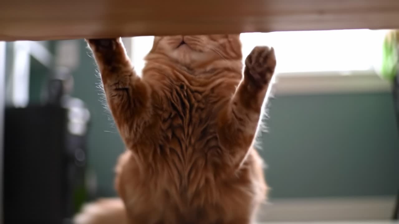 An orange cat peeks out from under a wooden table, enjoying the warm sunlight streaming through the window. The cozy room has a relaxed atmosphere, perfect for exploration.