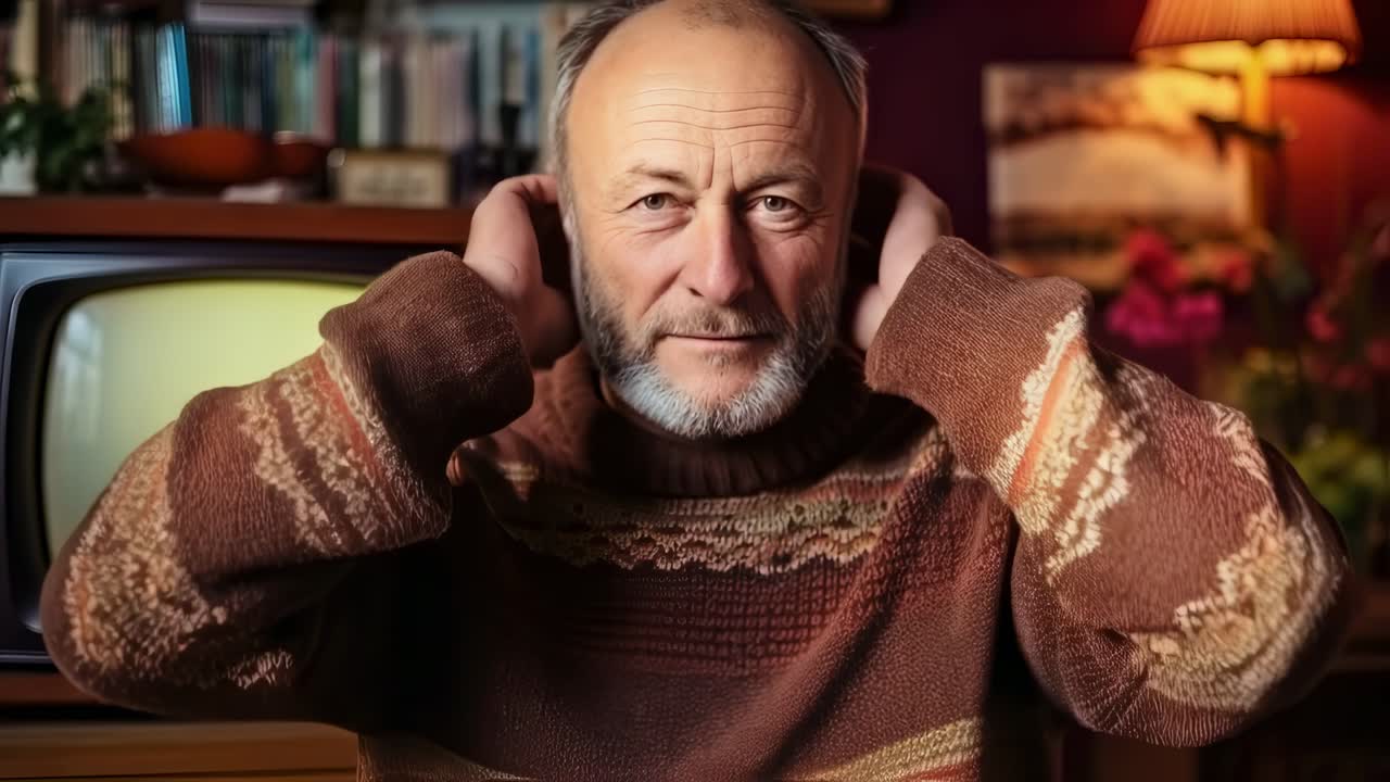 Older man in a brown sweater in a living room with an old TV